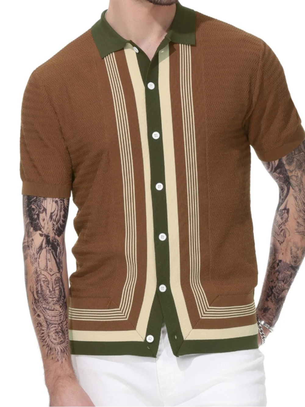 PJ PAUL JONES BROWN VTG STYLE KNIT SHORT SLEEVES BUTTON DOWN SWEATER SHIRT 2XL